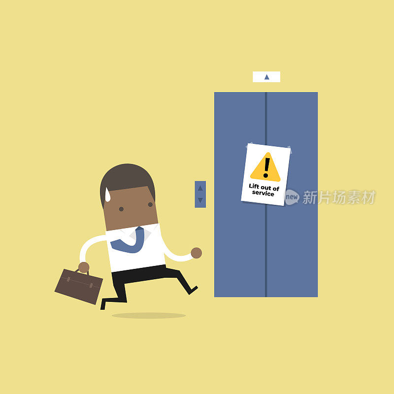 African businessman are running to the elevator. But the elevator is out of service.